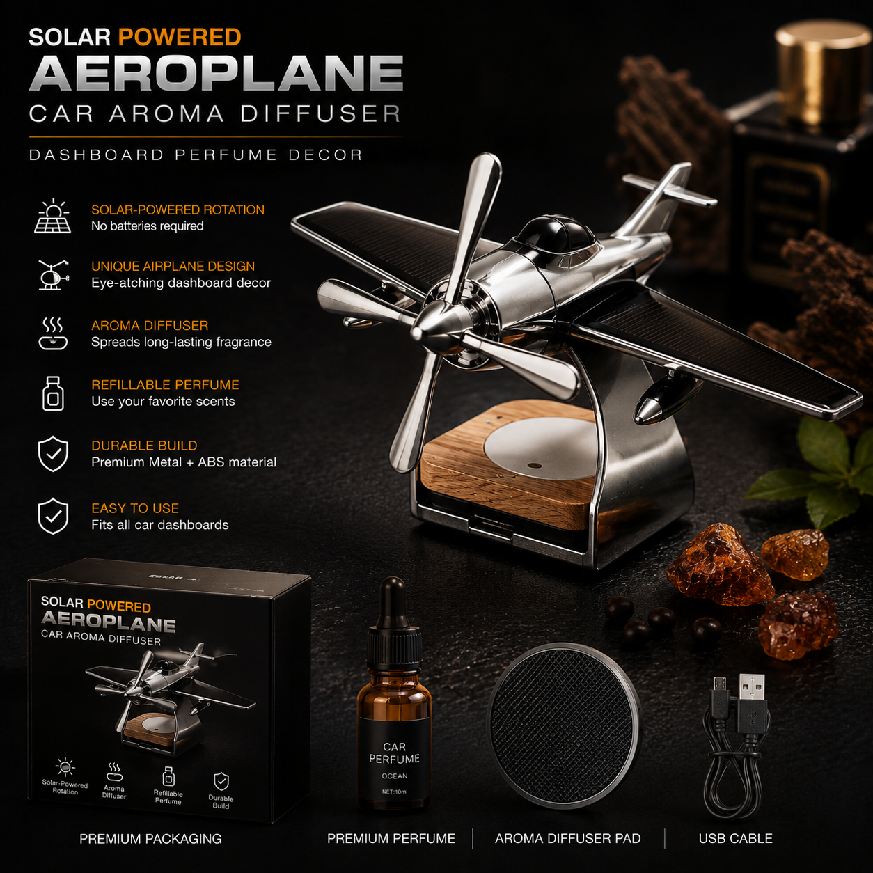 Solar Aeroplane Car Perfume Diffuser - Silver Aircraft Dashboard Air Freshener