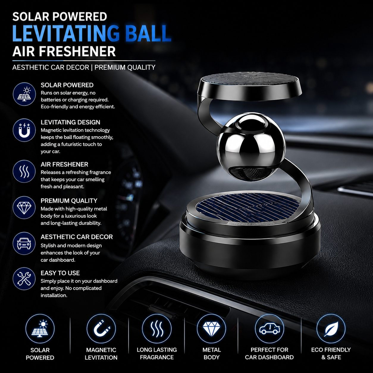 Solar Levitating Ball Car Air Freshener - Dashboard Decor Aromatic Diffuser