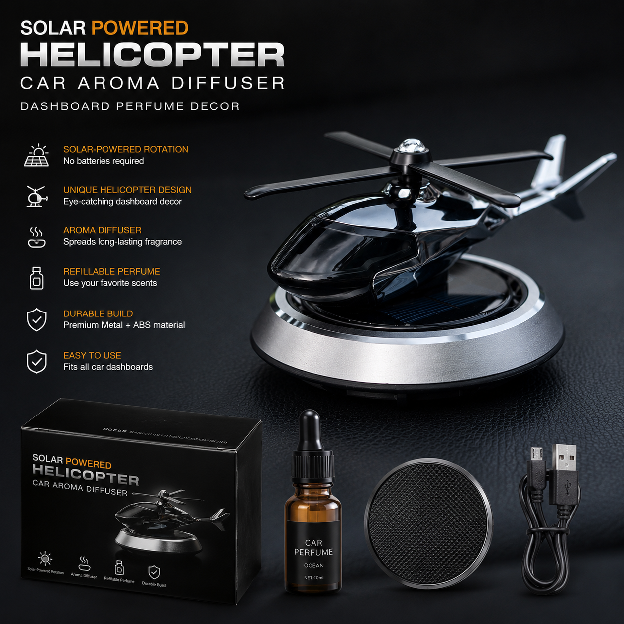 Solar Powered Helicopter Car Aroma Diffuser - Refillable Dashboard Air Freshener