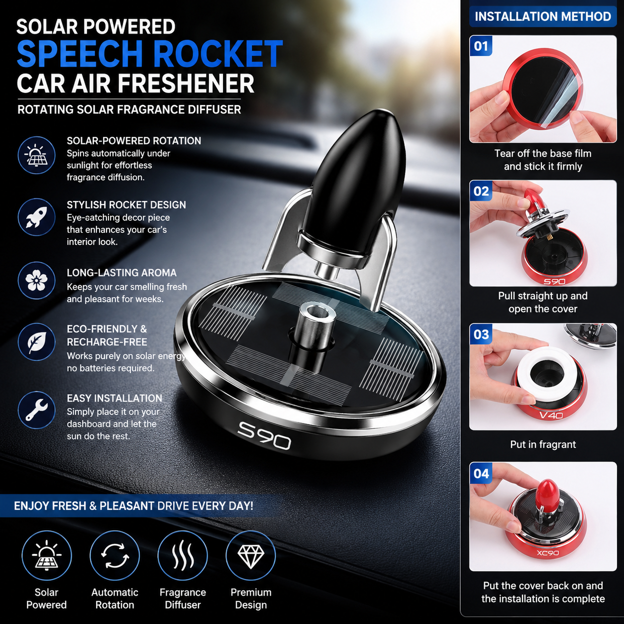 Solar Powered Rocket Car Air Freshener - Rotating Dashboard Fragrance Diffuser